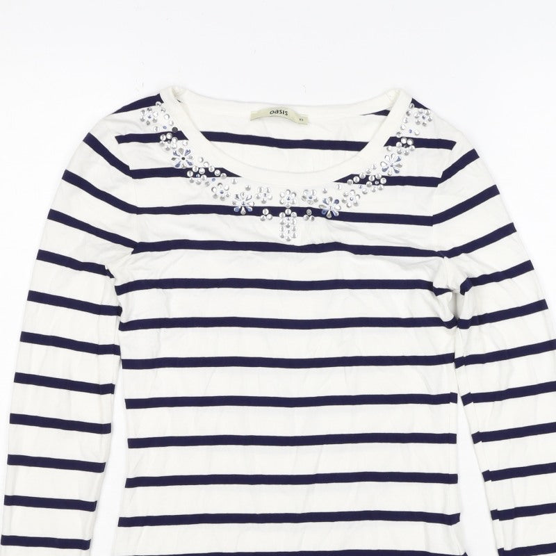 Oasis Women White Navy Striped XS Jersey Long Sleeve Rhinestone T-Shirt