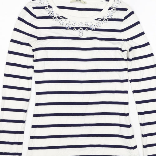 Oasis Women White Navy Striped XS Jersey Long Sleeve Rhinestone T-Shirt