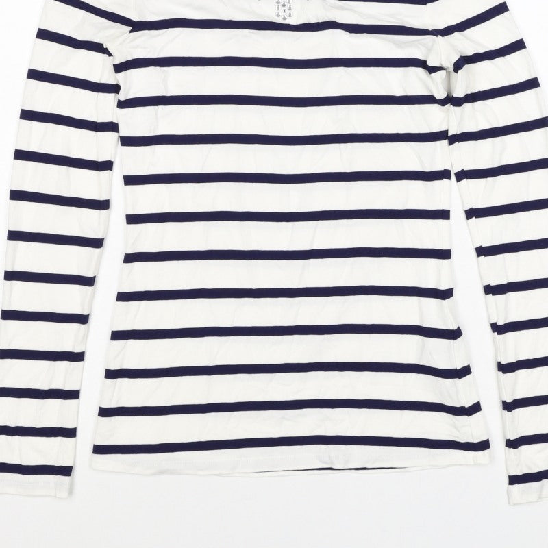 Oasis Women White Navy Striped XS Jersey Long Sleeve Rhinestone T-Shirt