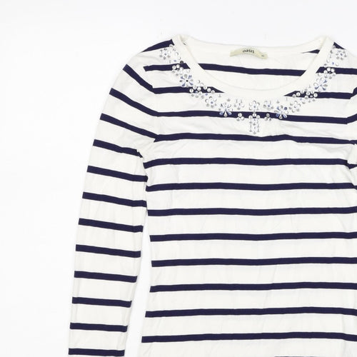 Oasis Women White Navy Striped XS Jersey Long Sleeve Rhinestone T-Shirt