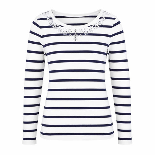 Oasis Women White Navy Striped XS Jersey Long Sleeve Rhinestone T-Shirt