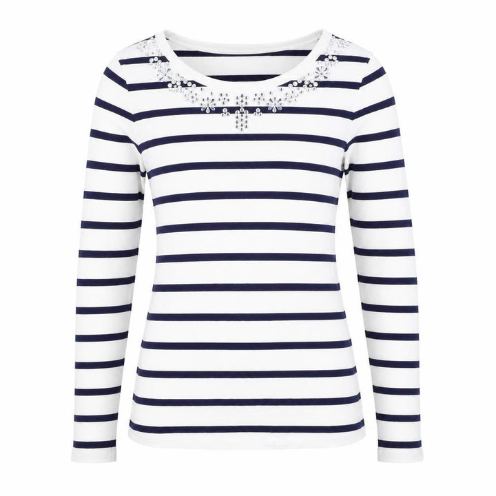Oasis Women White Navy Striped XS Jersey Long Sleeve Rhinestone T-Shirt