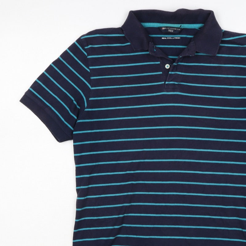 Blue Harbour M&S Men's Blue Striped Small Short Sleeve Cotton Polo