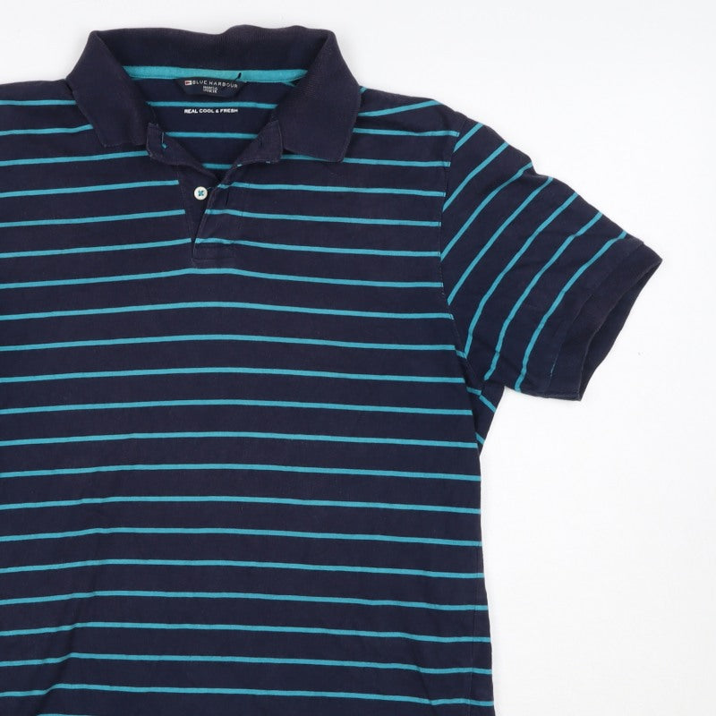 Blue Harbour M&S Men's Blue Striped Small Short Sleeve Cotton Polo