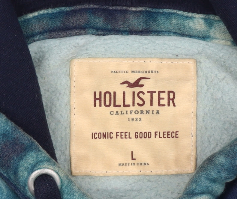 Hollister Men’s Blue Tie Dye Logo Pullover Fleece Hoodie L