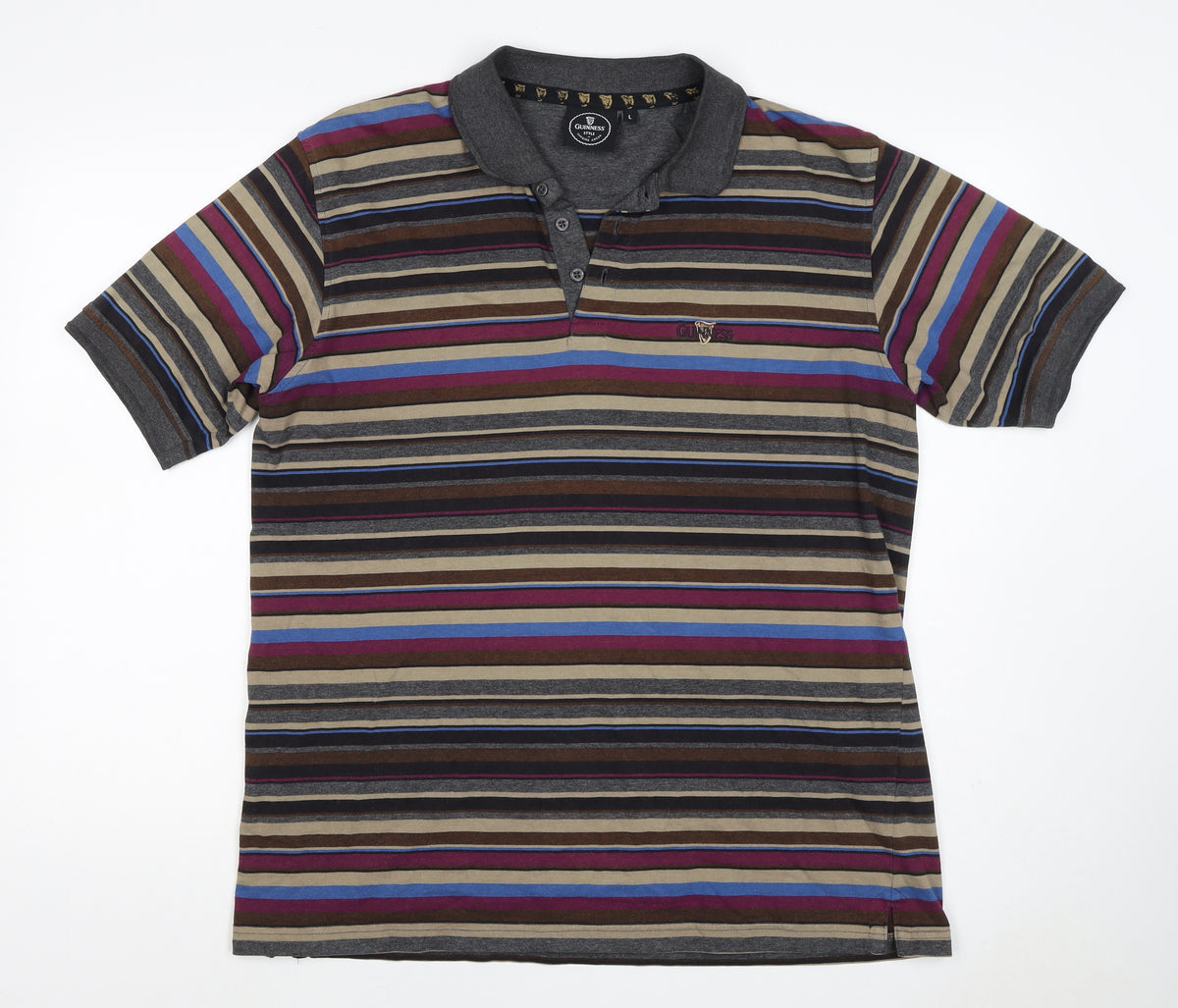 Back view of Guinness Men’s Multicoloured Striped Logo Short Sleeve Polo L