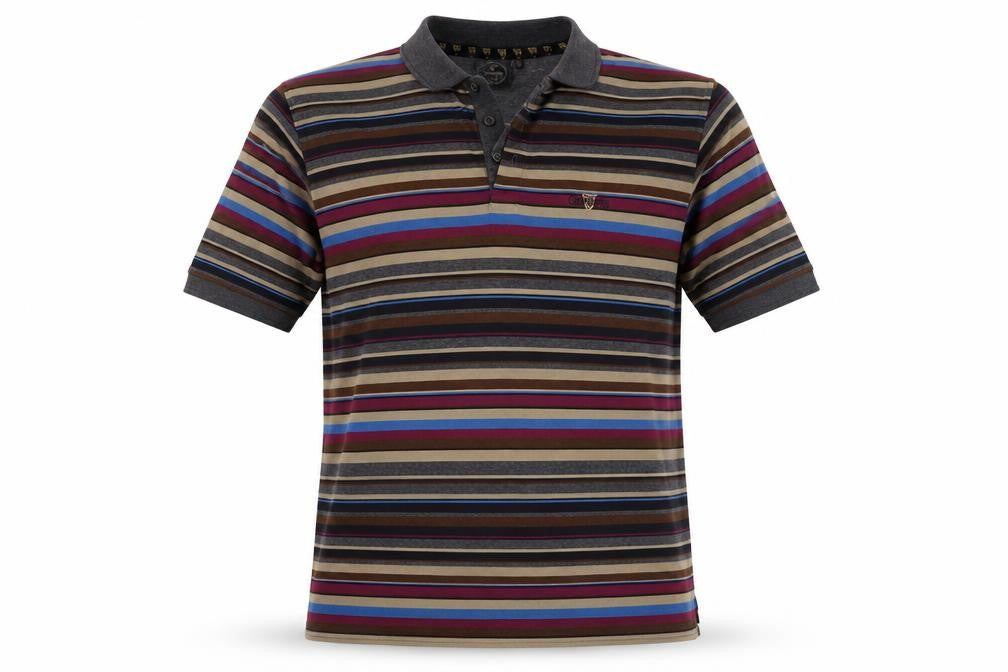 Front view of Guinness Men’s Multicoloured Striped Logo Short Sleeve Polo L