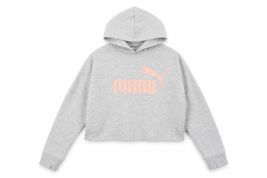 Front view of Puma girls’ grey 13-14 years pullover hoodie pink logo fleece
