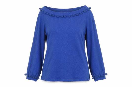 Boden Women Blue UK 6 Pom Pom Balloon Sleeve Jersey Blouse