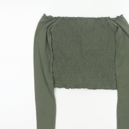 Hollister Women Green XS Cropped Off Shoulder Smocked Long Sleeve Blouse