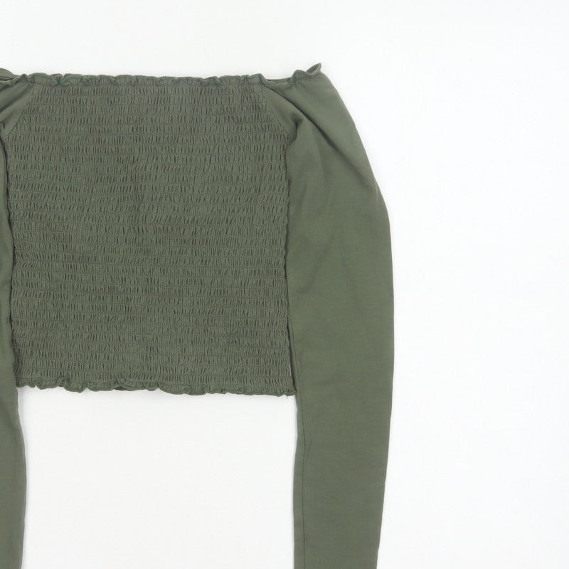 Hollister Women Green XS Cropped Off Shoulder Smocked Long Sleeve Blouse