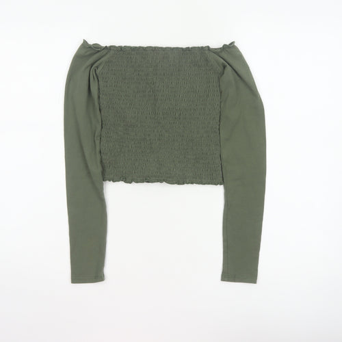 Hollister Women Green XS Cropped Off Shoulder Smocked Long Sleeve Blouse