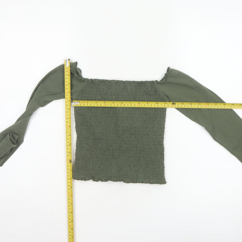 Hollister Women Green XS Cropped Off Shoulder Smocked Long Sleeve Blouse