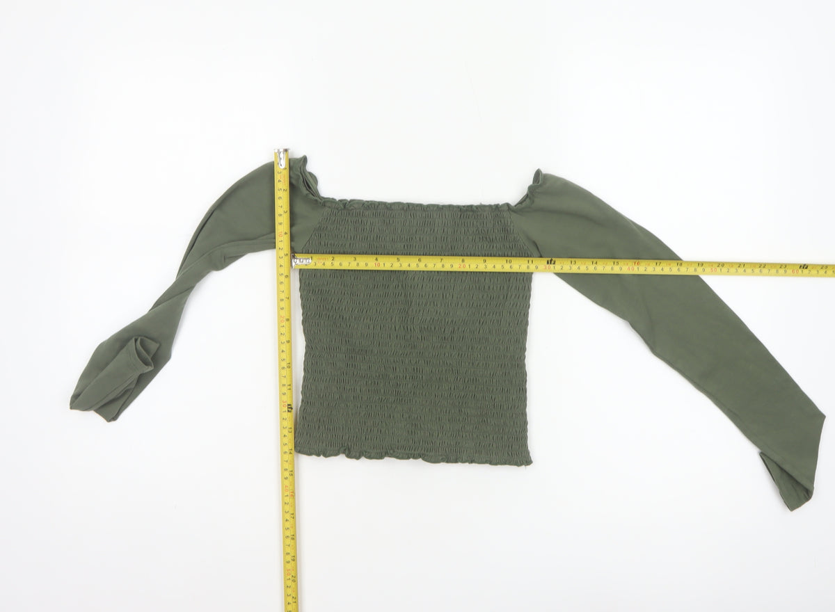 Hollister Women Green XS Cropped Off Shoulder Smocked Long Sleeve Blouse