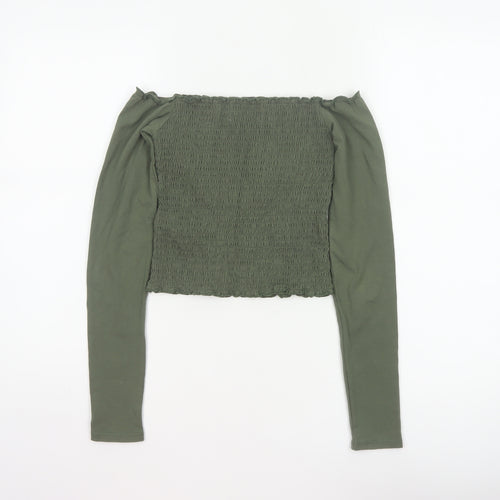 Hollister Women Green XS Cropped Off Shoulder Smocked Long Sleeve Blouse