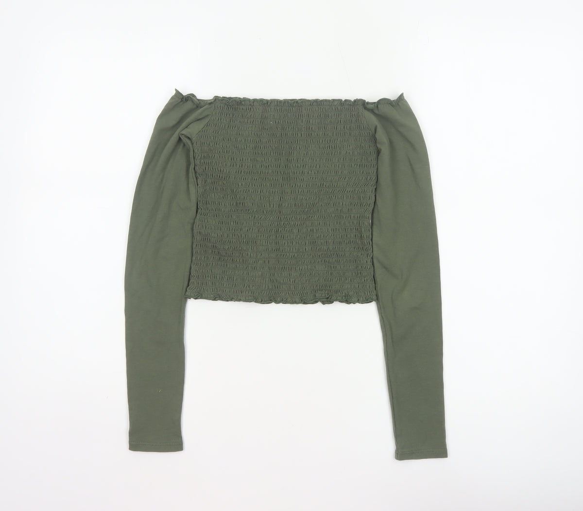 Hollister Women Green XS Cropped Off Shoulder Smocked Long Sleeve Blouse