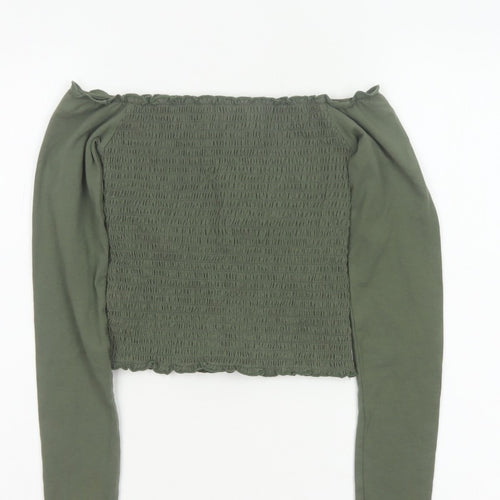 Hollister Women Green XS Cropped Off Shoulder Smocked Long Sleeve Blouse