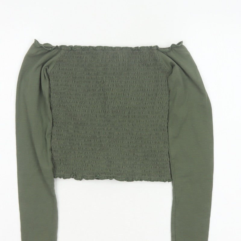 Hollister Women Green XS Cropped Off Shoulder Smocked Long Sleeve Blouse