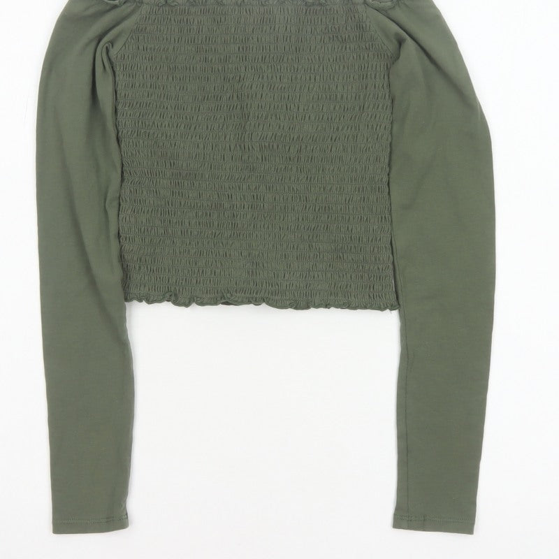 Hollister Women Green XS Cropped Off Shoulder Smocked Long Sleeve Blouse