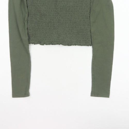Hollister Women Green XS Cropped Off Shoulder Smocked Long Sleeve Blouse
