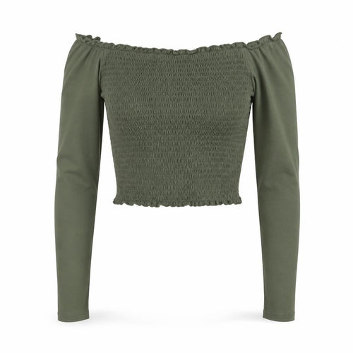 Hollister Women Green XS Cropped Off Shoulder Smocked Long Sleeve Blouse
