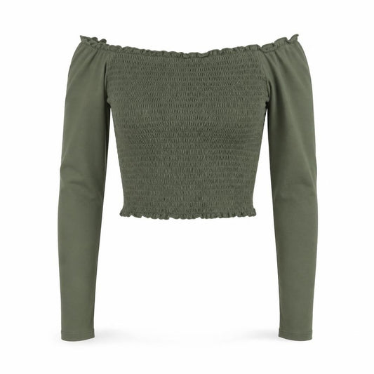 Hollister Women Green XS Cropped Off Shoulder Smocked Long Sleeve Blouse