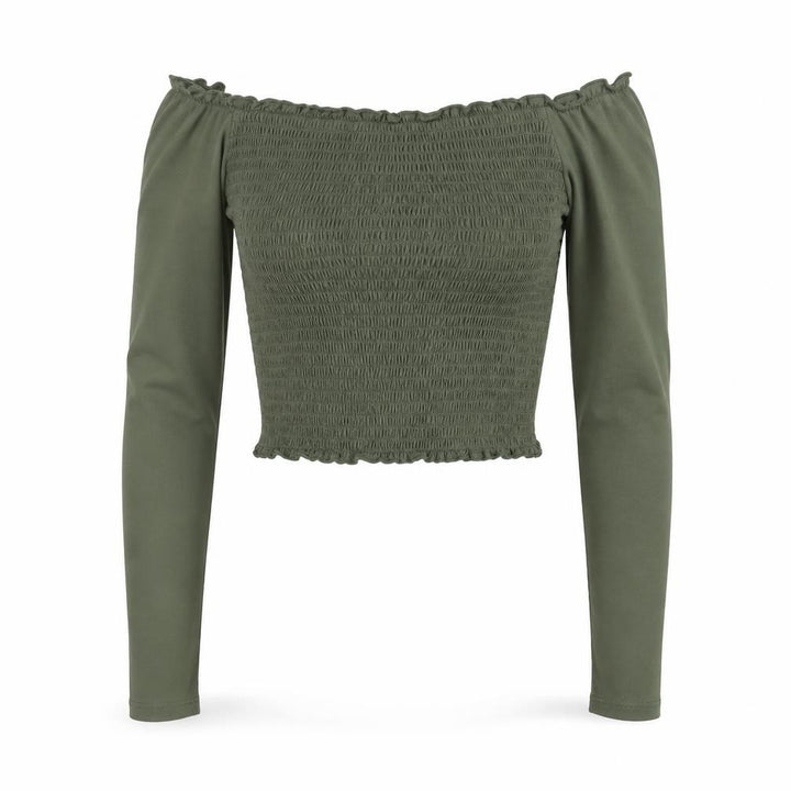 Hollister Women Green XS Cropped Off Shoulder Smocked Long Sleeve Blouse