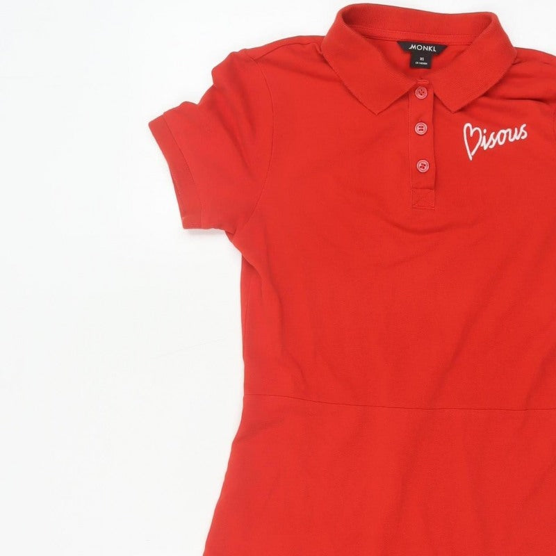 Monki Women Red XS Fit & Flare Polo Mini Dress Cotton Graphic Print
