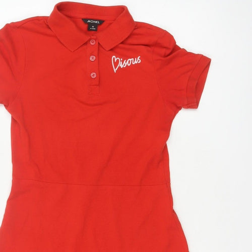 Monki Women Red XS Fit & Flare Polo Mini Dress Cotton Graphic Print