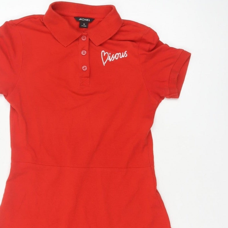 Monki Women Red XS Fit & Flare Polo Mini Dress Cotton Graphic Print