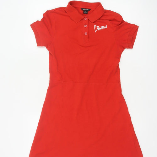 Monki Women Red XS Fit & Flare Polo Mini Dress Cotton Graphic Print