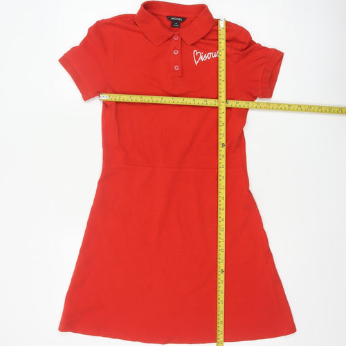 Monki Women Red XS Fit & Flare Polo Mini Dress Cotton Graphic Print