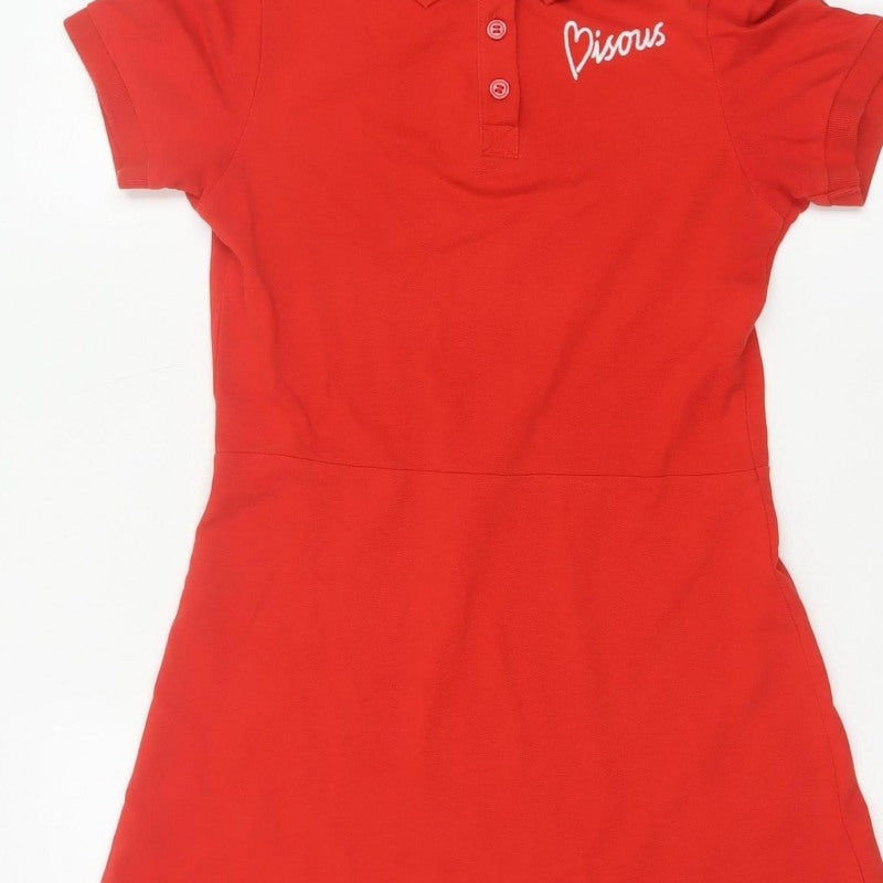 Monki Women Red XS Fit & Flare Polo Mini Dress Cotton Graphic Print