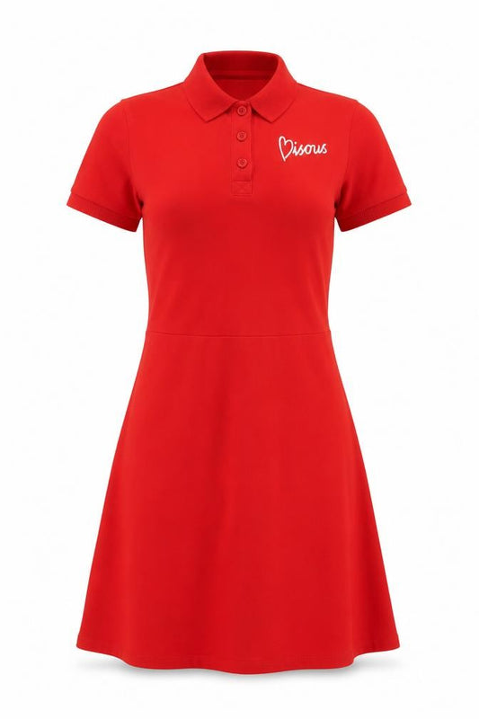 Front view of Monki Women Red XS Fit & Flare Polo Mini Dress Cotton Graphic Print