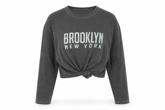 PrettyLittleThing Women’s Grey M Cropped Brooklyn NY Long Sleeve T-Shirt