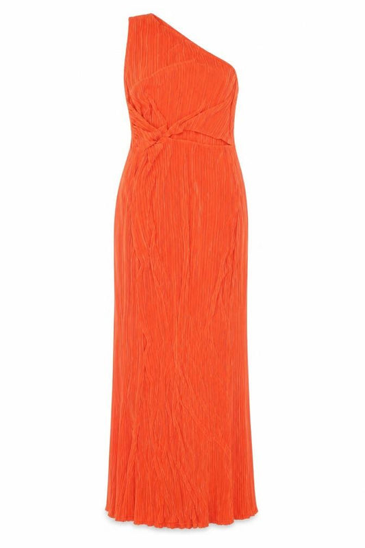 Front view of PrettyLittleThing Women Orange UK 12 One Shoulder Pleated Maxi Dress