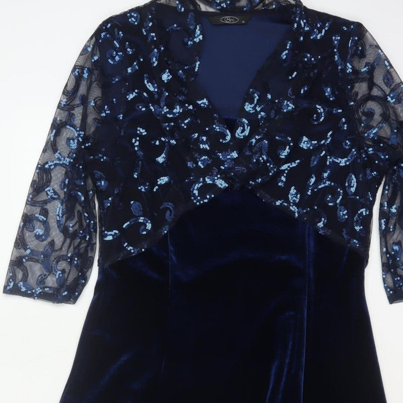 Bm Women’s Blue Size 14 Velvet Sequin Mesh Jacket Dress Formal