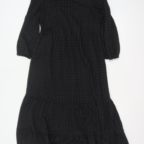 Oliver Bonas Women Black UK 8 Midi Fit & Flare Geometric Ruffle Dress