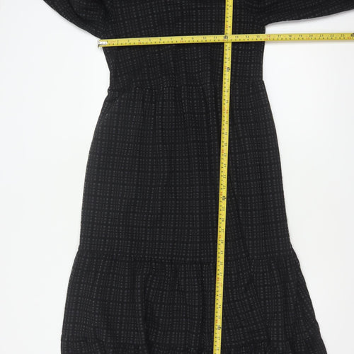 Oliver Bonas Women Black UK 8 Midi Fit & Flare Geometric Ruffle Dress