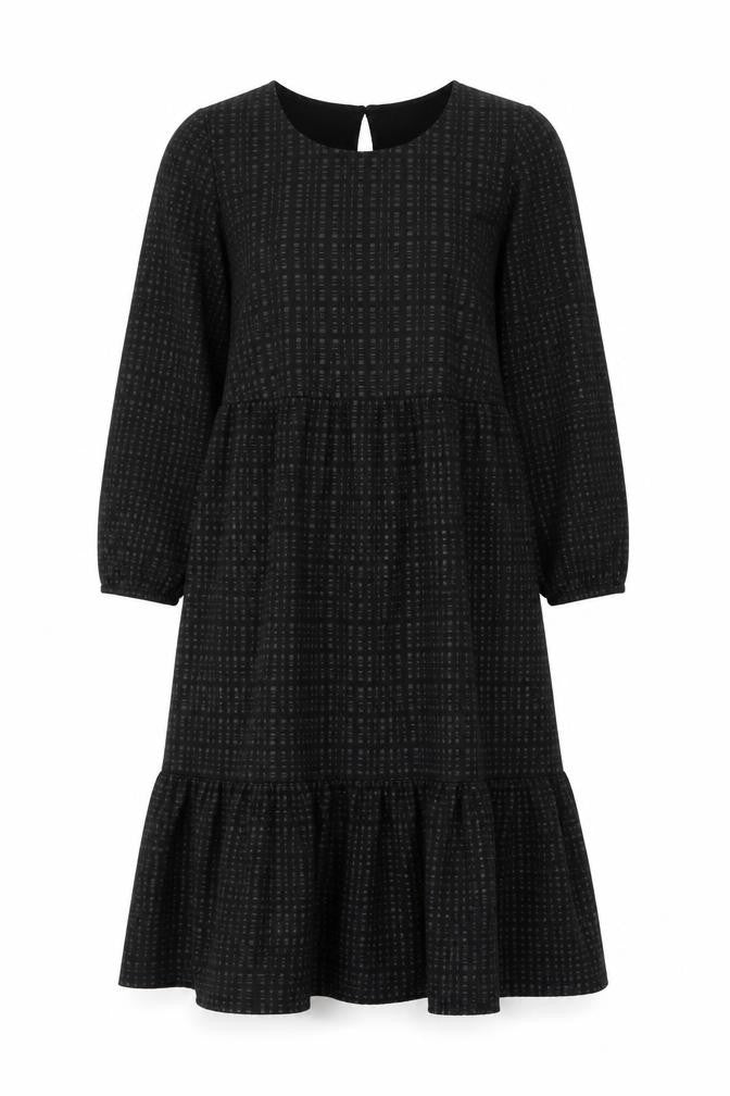 Oliver Bonas Women Black UK 8 Midi Fit & Flare Geometric Ruffle Dress