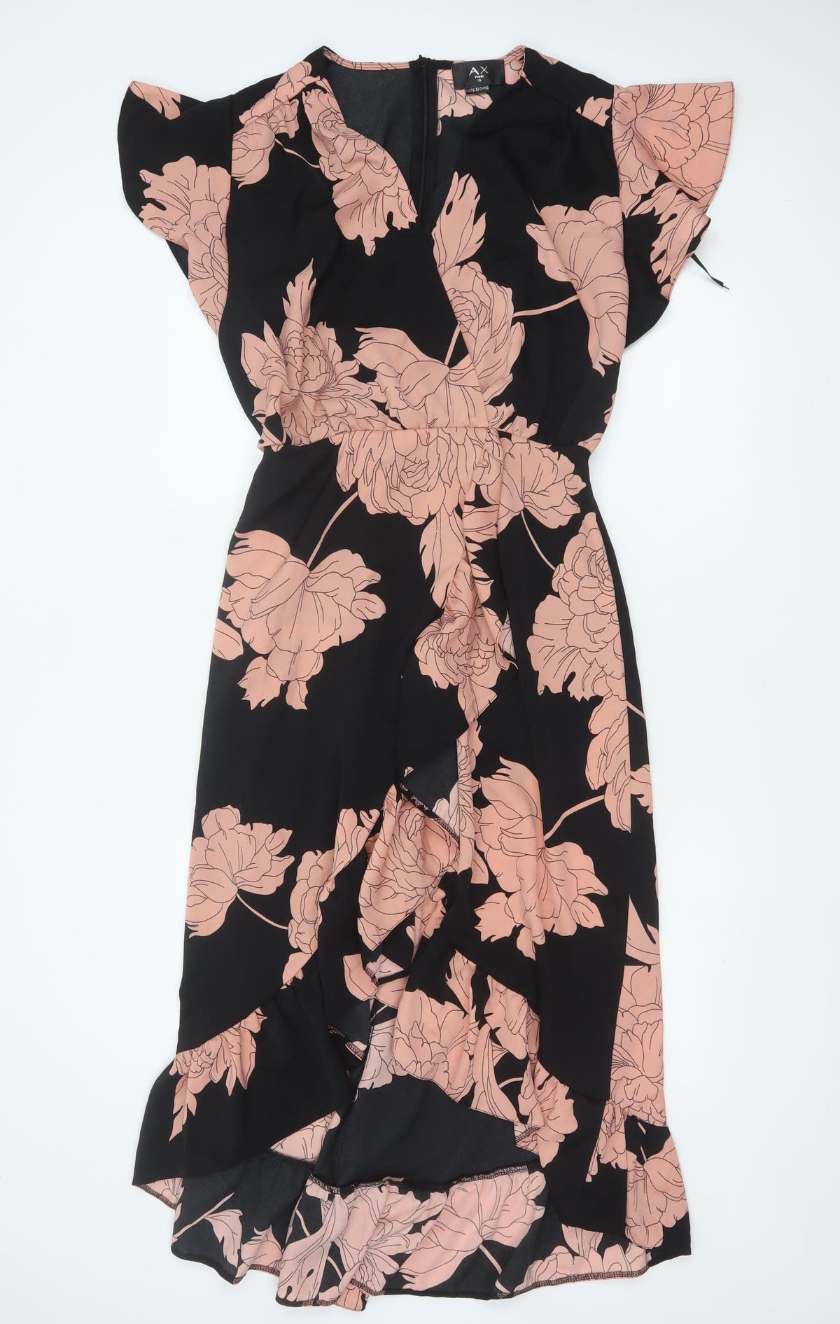 AX Paris Women Black Pink Floral Size 10 Fit & Flare Ruffle Maxi Dress