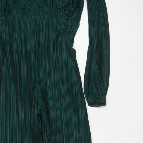 Boohoo Women Green UK 10 Pleated Wide-Leg Belted Jumpsuit