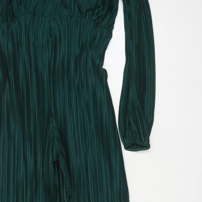 Boohoo Women Green UK 10 Pleated Wide-Leg Belted Jumpsuit