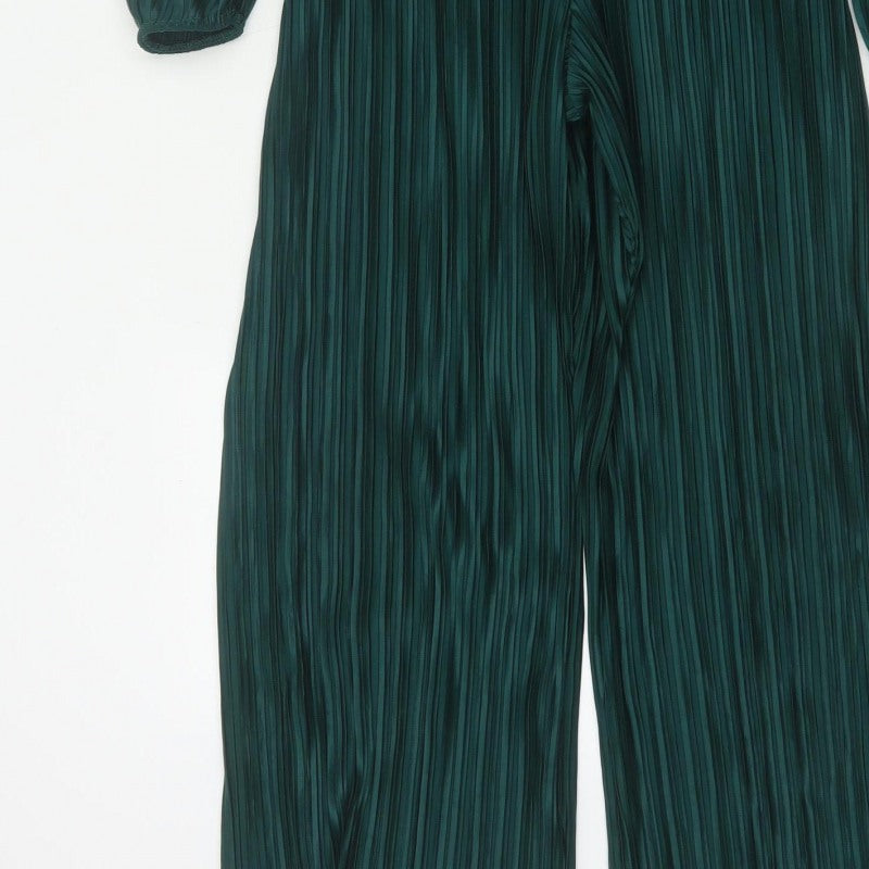 Boohoo Women Green UK 10 Pleated Wide-Leg Belted Jumpsuit