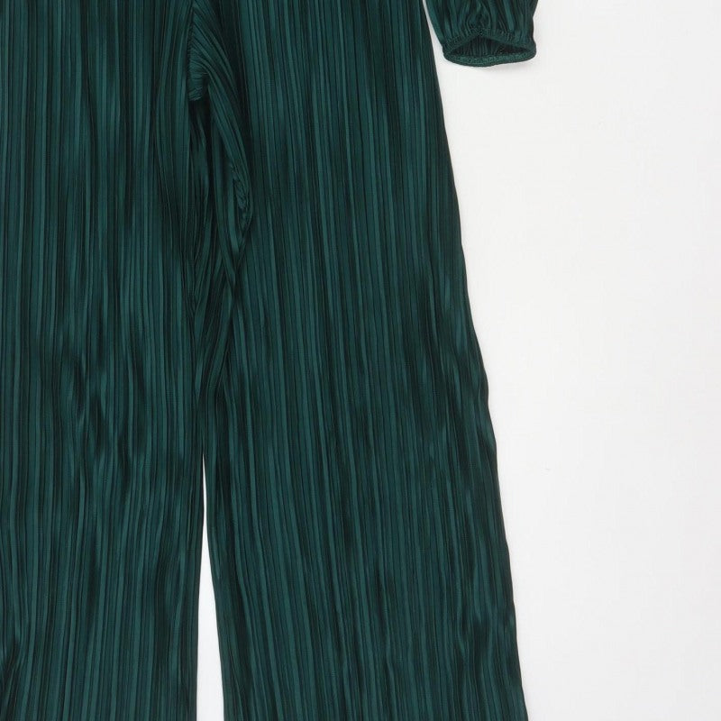 Boohoo Women Green UK 10 Pleated Wide-Leg Belted Jumpsuit