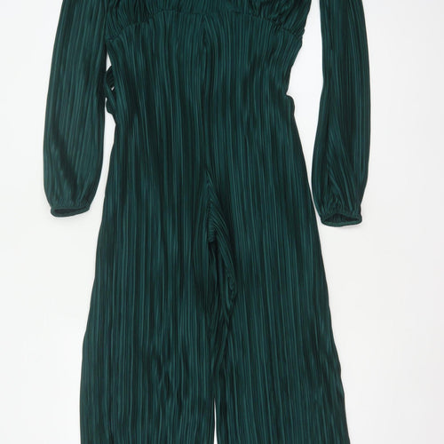 Boohoo Women Green UK 10 Pleated Wide-Leg Belted Jumpsuit