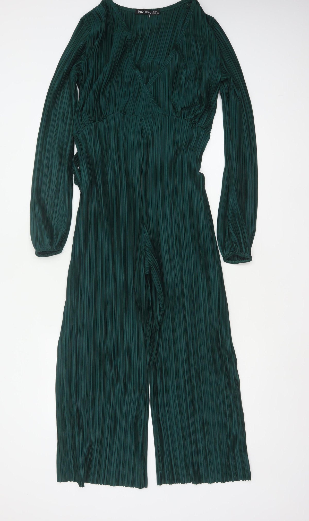 Boohoo Women Green UK 10 Pleated Wide-Leg Belted Jumpsuit