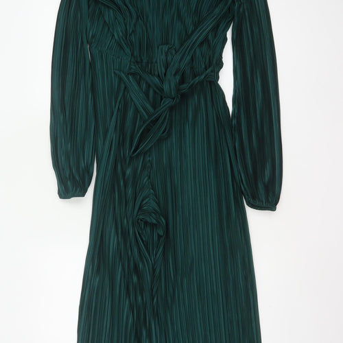 Boohoo Women Green UK 10 Pleated Wide-Leg Belted Jumpsuit