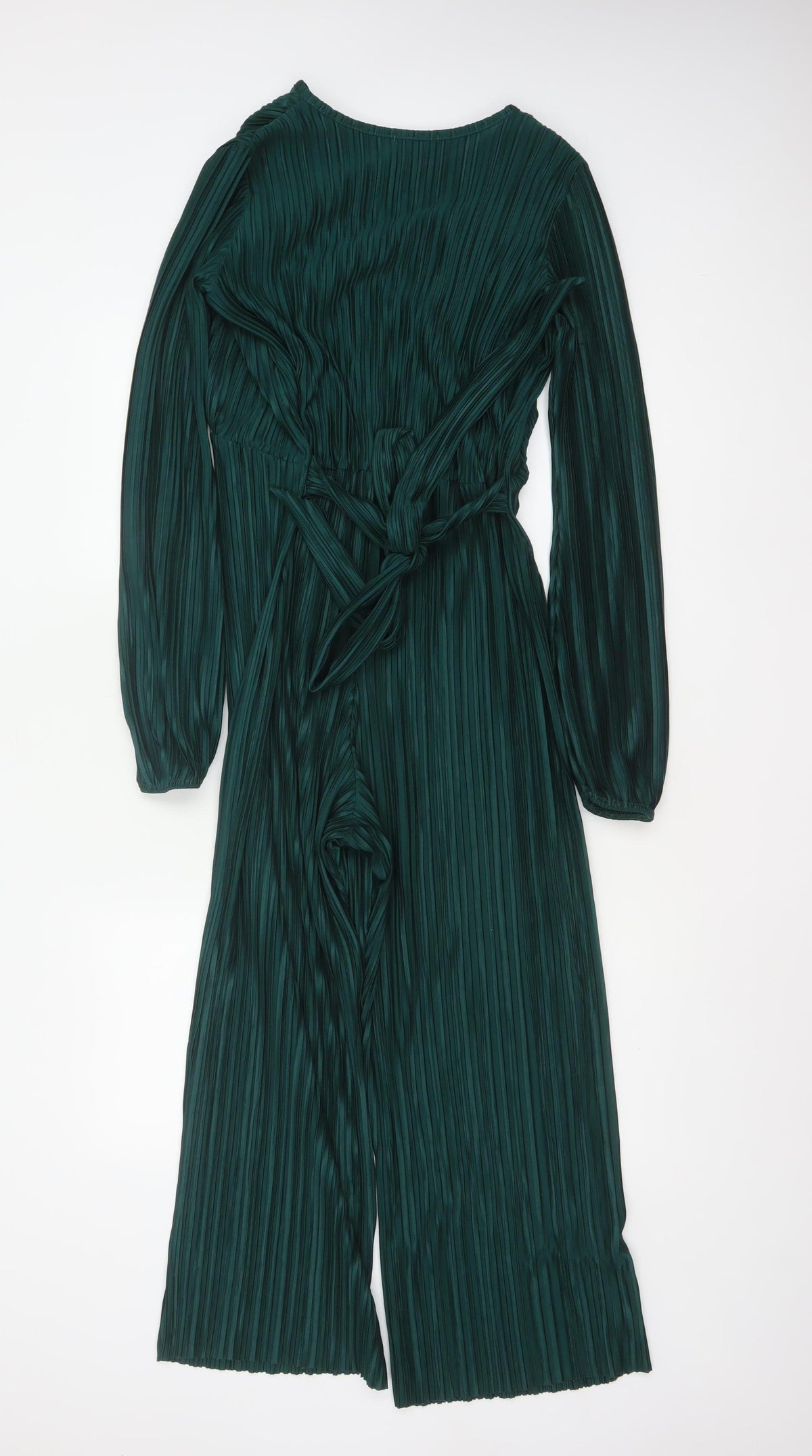 Boohoo Women Green UK 10 Pleated Wide-Leg Belted Jumpsuit