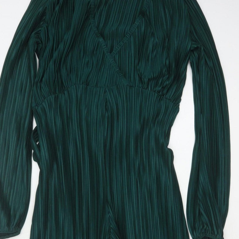 Boohoo Women Green UK 10 Pleated Wide-Leg Belted Jumpsuit